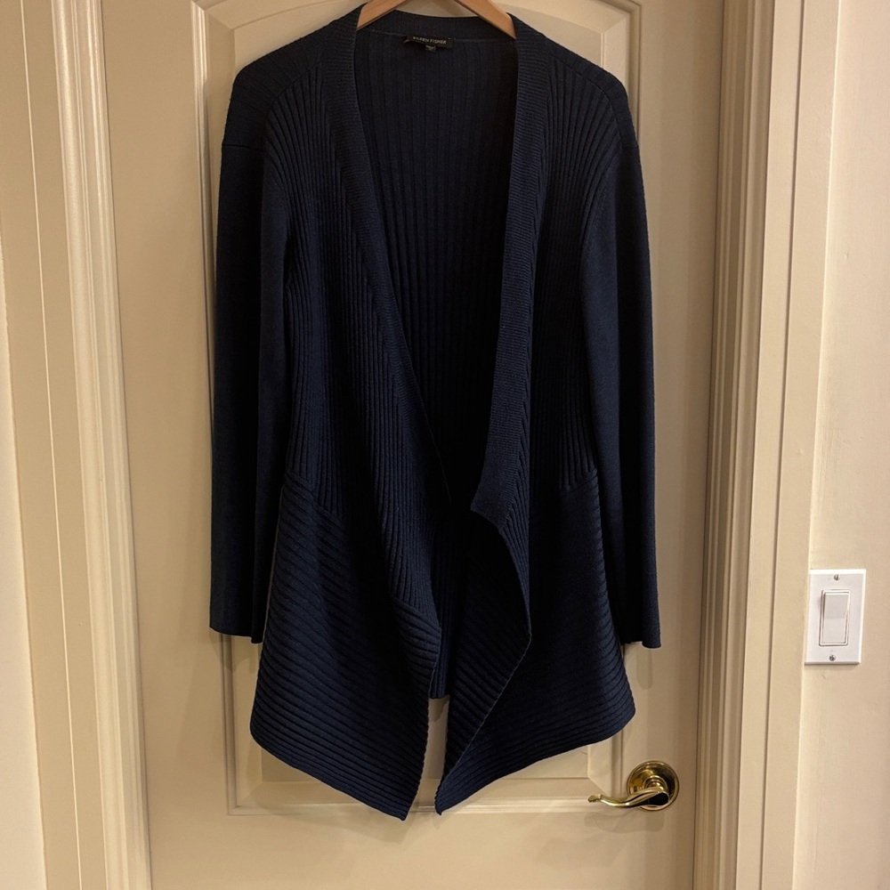 Eileen‎ Fisher Ribbed Washable Wool Cardigan in Peacock Blue